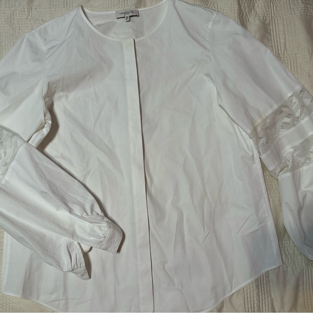 Lafayette 148 New York Elegant White Blouse with Lace Accents